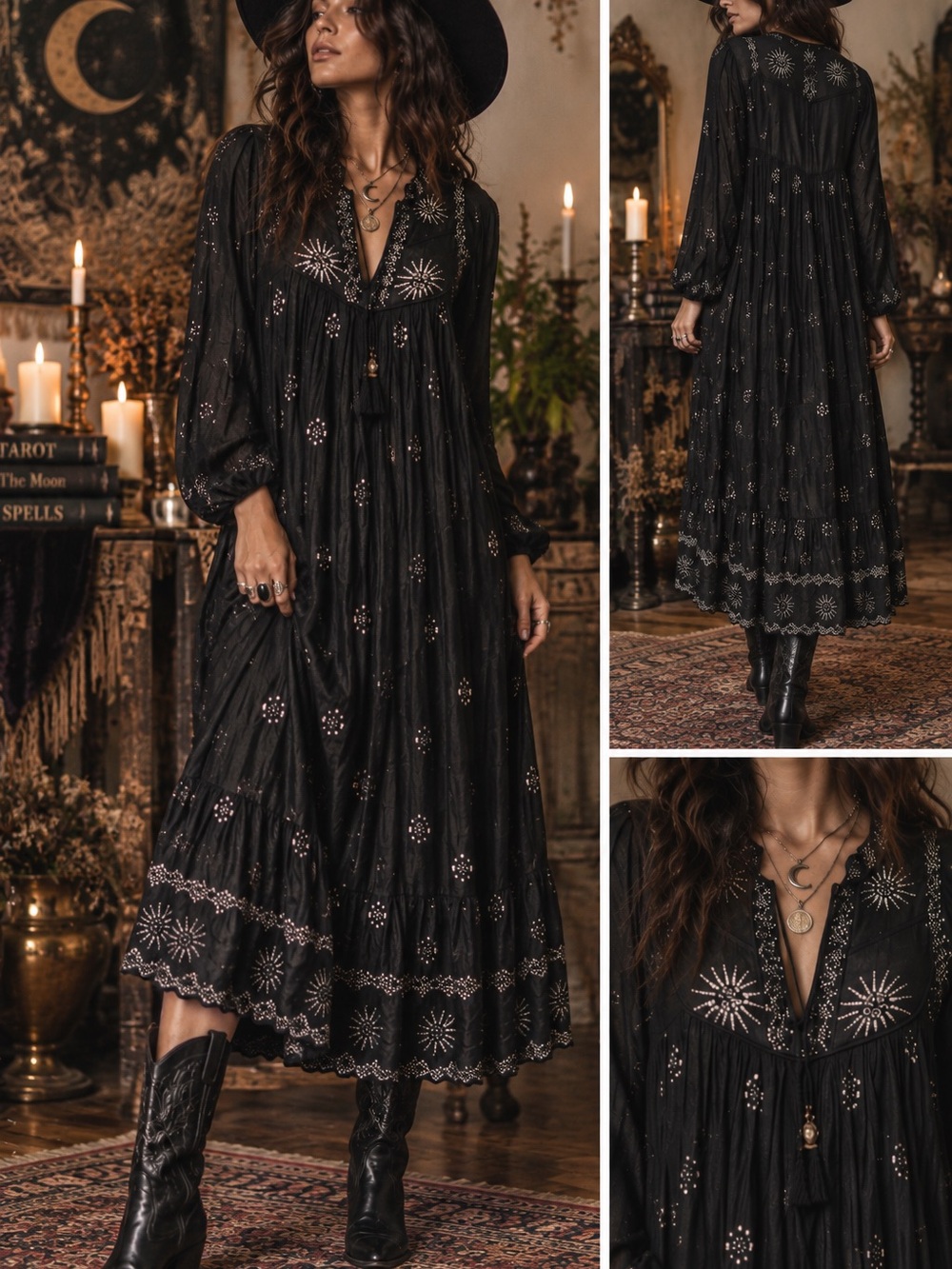 Vintage California Dream Bohemian Black Silver Foil Midi Dress